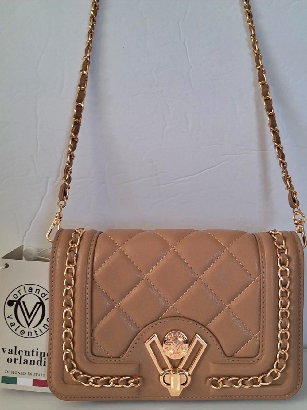 Valentino Orlandi Quilted Tan Crossbody Bag with Gold Hardware